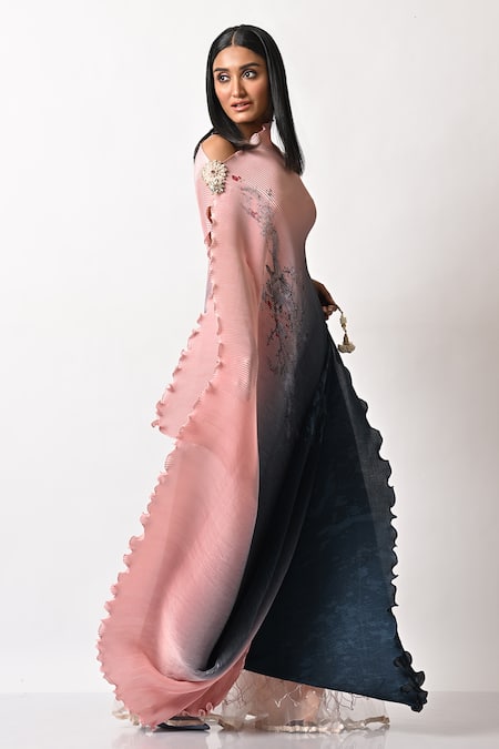 Kiran Uttam Ghosh_Blue Pleated Polyester Mix Parsi Gada Print One Shoulder Drape Dress _Online_at_Aza_Fashions