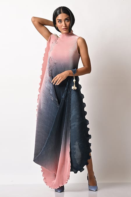Buy_Kiran Uttam Ghosh_Blue Pleated Polyester Mix Parsi Gada Print One Shoulder Drape Dress _Online_at_Aza_Fashions