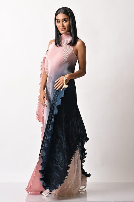 Shop_Kiran Uttam Ghosh_Blue Pleated Polyester Mix Parsi Gada Print One Shoulder Drape Dress _Online_at_Aza_Fashions