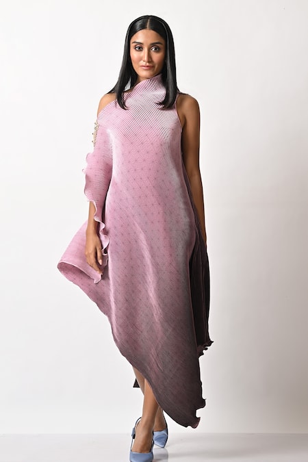 Kiran Uttam Ghosh_Purple Pleated Polyester Mix One Shoulder Drape Dress _Online_at_Aza_Fashions