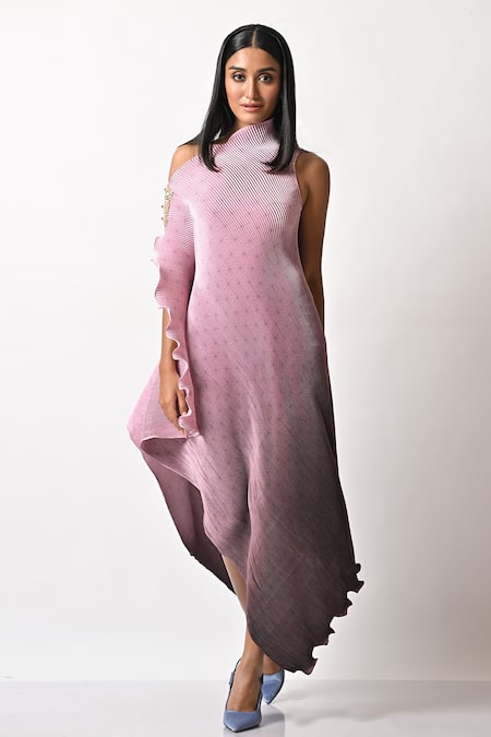 Buy_Kiran Uttam Ghosh_Purple Pleated Polyester Mix One Shoulder Drape Dress _Online_at_Aza_Fashions