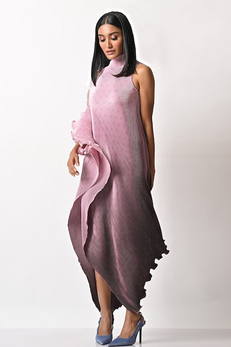 Shop_Kiran Uttam Ghosh_Purple Pleated Polyester Mix One Shoulder Drape Dress _Online_at_Aza_Fashions