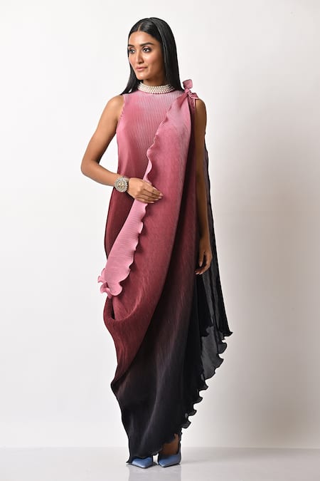Kiran Uttam Ghosh Pink Pleated Polyester Mix Geometric Round Drape Gown  