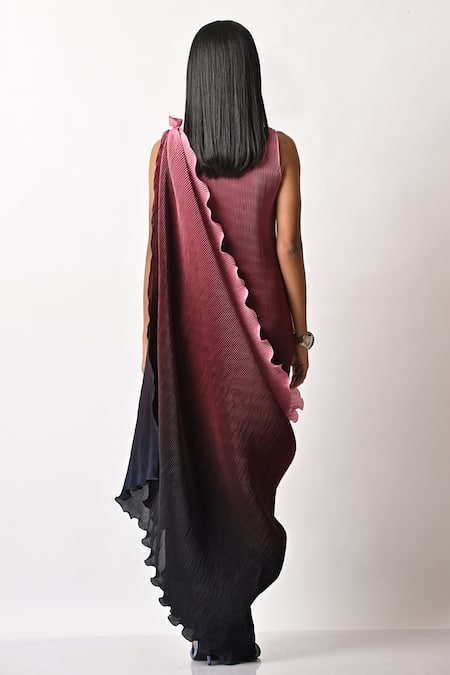 Shop_Kiran Uttam Ghosh_Pink Pleated Polyester Mix Geometric Round Drape Gown  _at_Aza_Fashions