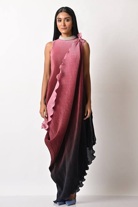 Kiran Uttam Ghosh_Pink Pleated Polyester Mix Geometric Round Drape Gown  _Online_at_Aza_Fashions