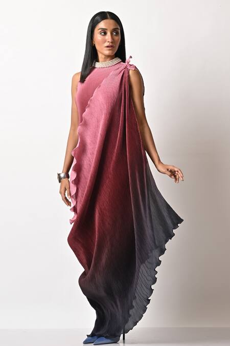 Buy_Kiran Uttam Ghosh_Pink Pleated Polyester Mix Geometric Round Drape Gown  _Online_at_Aza_Fashions