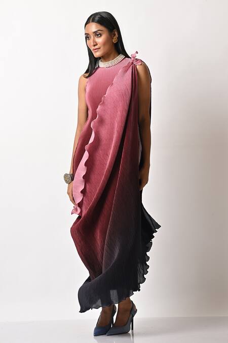 Shop_Kiran Uttam Ghosh_Pink Pleated Polyester Mix Geometric Round Drape Gown  _Online_at_Aza_Fashions