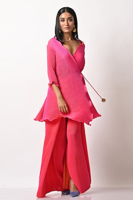 Kiran Uttam Ghosh_Pink Pleated Polyester Mix Wide Leg Trousers _Online_at_Aza_Fashions