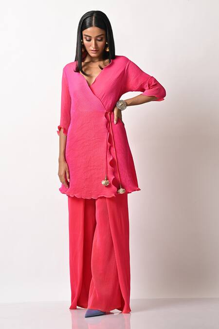 Buy_Kiran Uttam Ghosh_Pink Pleated Polyester Mix Wide Leg Trousers _Online_at_Aza_Fashions