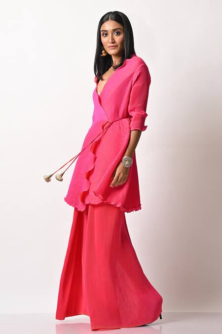 Shop_Kiran Uttam Ghosh_Pink Pleated Polyester Mix Wide Leg Trousers _Online_at_Aza_Fashions