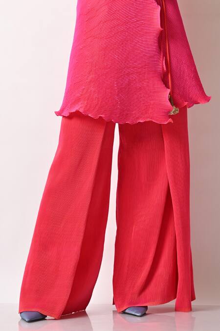Kiran Uttam Ghosh_Pink Pleated Polyester Mix Wide Leg Trousers _at_Aza_Fashions