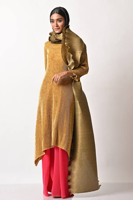 Kiran Uttam Ghosh_Gold Pleated Polyester Mix Geometric Round Kaftan _Online_at_Aza_Fashions