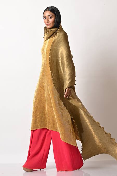 Buy_Kiran Uttam Ghosh_Gold Pleated Polyester Mix Geometric Round Kaftan _Online_at_Aza_Fashions