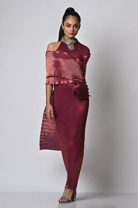 Kiran Uttam Ghosh_Maroon Pleated Polyester Mix High Sleeveless Gown  _Online_at_Aza_Fashions