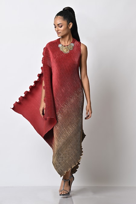 Buy_Kiran Uttam Ghosh_Green Pleated Polyester Mix Geometric Print Round Drape Dress _Online_at_Aza_Fashions