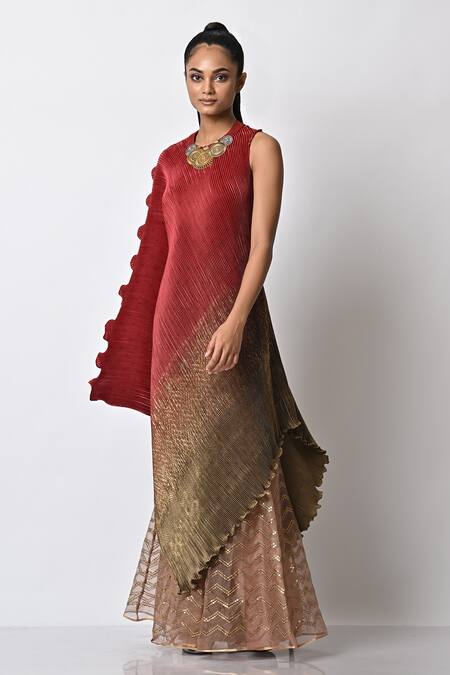 Shop_Kiran Uttam Ghosh_Green Pleated Polyester Mix Geometric Print Round Drape Dress _Online_at_Aza_Fashions