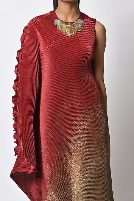 Kiran Uttam Ghosh_Green Pleated Polyester Mix Geometric Print Round Drape Dress _at_Aza_Fashions