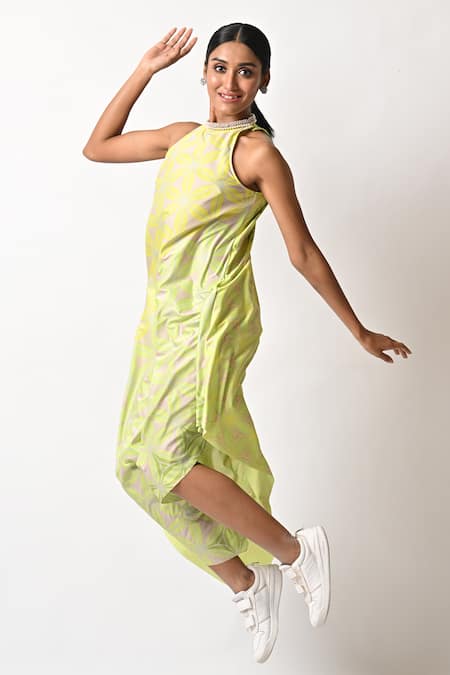 Kiran Uttam Ghosh_Green Jersey Floral Print And Pearl Round Dress _Online_at_Aza_Fashions