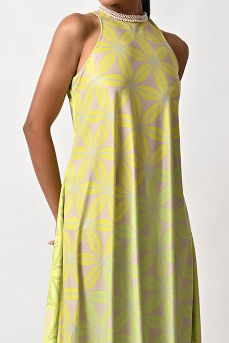 Buy Kiran Uttam Ghosh Green Jersey Floral Print And Pearl Round Dress Online at Aza Fashions Buy_Kiran Uttam Ghosh_Green Jersey Floral Print And Pearl Round Dress _Online_at_Aza_Fashions