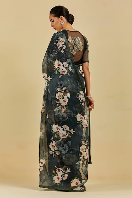 Shop Atelier Shikaarbagh Black Saree - French Chiffon Floral Print Adrienne at Aza Fashions Shop_Atelier Shikaarbagh_Black Saree - French Chiffon Floral Print Adrienne _at_Aza_Fashions