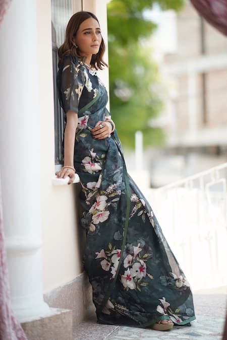 Buy_Atelier Shikaarbagh_Black Saree - French Chiffon Floral Print Adrienne _Online_at_Aza_Fashions