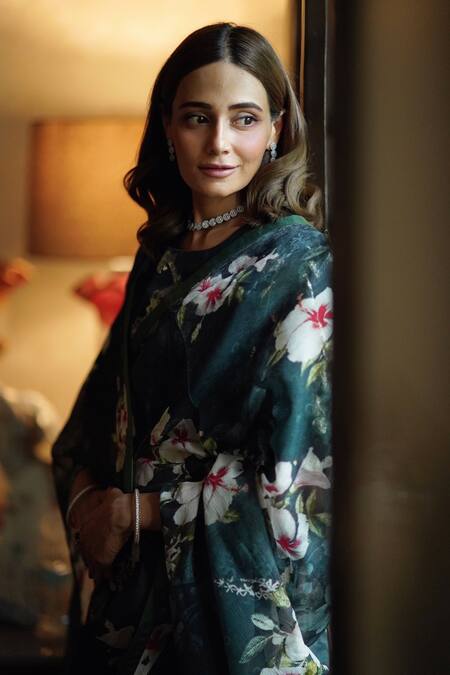 Atelier Shikaarbagh Black Saree - French Chiffon Floral Print Adrienne at Aza Fashions Atelier Shikaarbagh_Black Saree - French Chiffon Floral Print Adrienne _at_Aza_Fashions