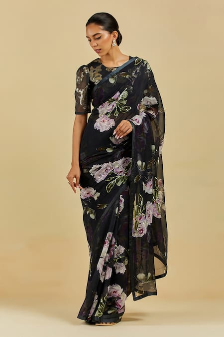 Buy Black Saree - French Chiffon Printed Floral Charlotte With Blouse For  Women by Atelier Shikaarbagh Online at Aza Fashions.