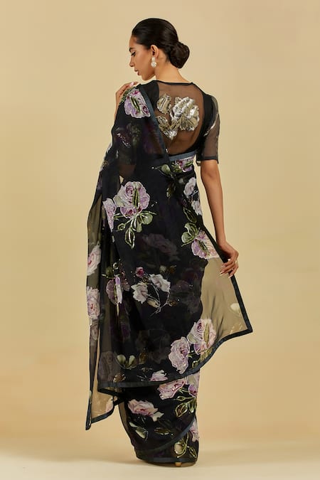 Shop Atelier Shikaarbagh Black Saree - French Chiffon Floral Print Charlotte at Aza Fashions Shop_Atelier Shikaarbagh_Black Saree - French Chiffon Floral Print Charlotte _at_Aza_Fashions