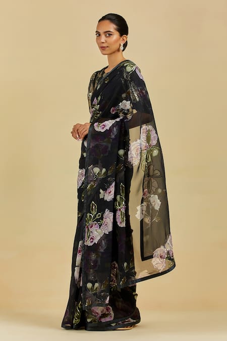 Buy Atelier Shikaarbagh Black Saree - French Chiffon Floral Print Charlotte Online at Aza Fashions Buy_Atelier Shikaarbagh_Black Saree - French Chiffon Floral Print Charlotte _Online_at_Aza_Fashions