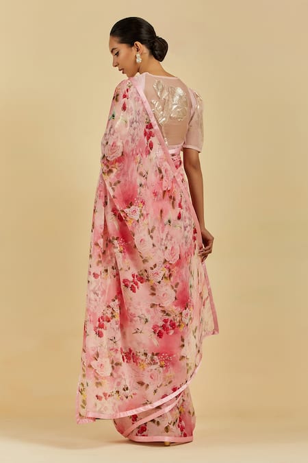 Shop Atelier Shikaarbagh Pink Saree - French Chiffon Floral Print Audrey at Aza Fashions Shop_Atelier Shikaarbagh_Pink Saree - French Chiffon Floral Print Audrey _at_Aza_Fashions