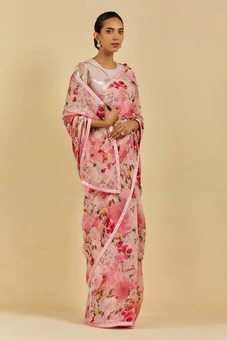 Atelier Shikaarbagh Pink Saree - French Chiffon Floral Print Audrey Online at Aza Fashions Atelier Shikaarbagh_Pink Saree - French Chiffon Floral Print Audrey _Online_at_Aza_Fashions