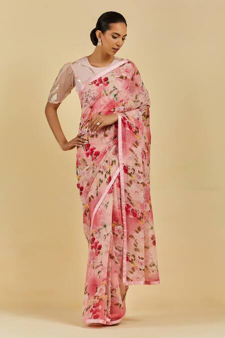 Buy Atelier Shikaarbagh Pink Saree - French Chiffon Floral Print Audrey Online at Aza Fashions Buy_Atelier Shikaarbagh_Pink Saree - French Chiffon Floral Print Audrey _Online_at_Aza_Fashions