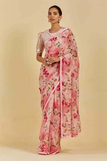 Shop Atelier Shikaarbagh Pink Saree - French Chiffon Floral Print Audrey Online at Aza Fashions Shop_Atelier Shikaarbagh_Pink Saree - French Chiffon Floral Print Audrey _Online_at_Aza_Fashions