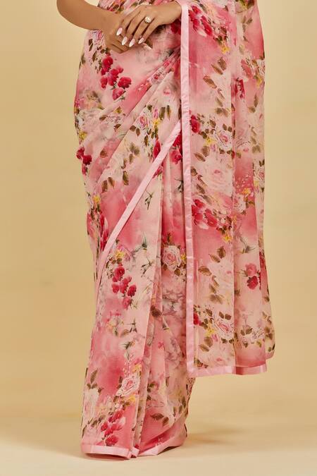 Atelier Shikaarbagh Pink Saree - French Chiffon Floral Print Audrey at Aza Fashions Atelier Shikaarbagh_Pink Saree - French Chiffon Floral Print Audrey _at_Aza_Fashions