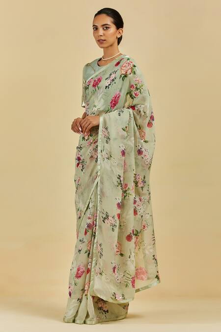 Atelier Shikaarbagh_Green Saree - French Chiffon Floral Print, Sequins Natalie _Online_at_Aza_Fashions