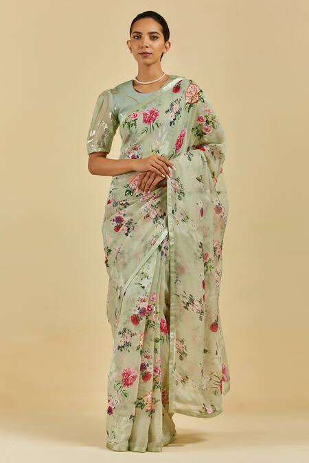 Buy_Atelier Shikaarbagh_Green Saree - French Chiffon Floral Print, Sequins Natalie _Online_at_Aza_Fashions