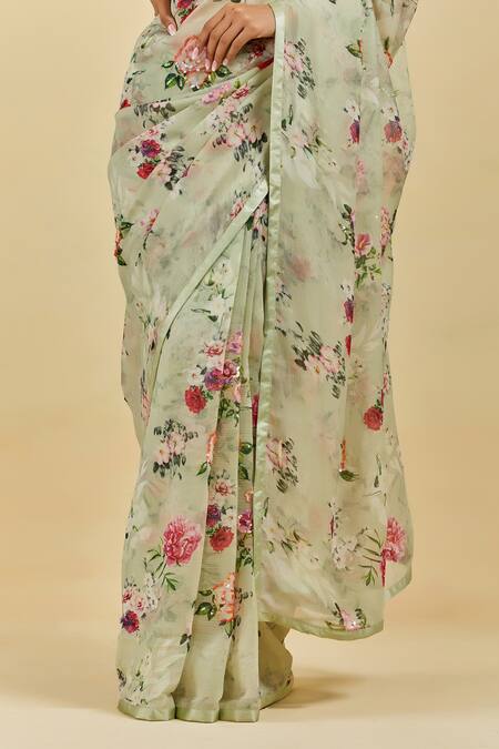 Shop_Atelier Shikaarbagh_Green Saree - French Chiffon Floral Print, Sequins Natalie _Online_at_Aza_Fashions