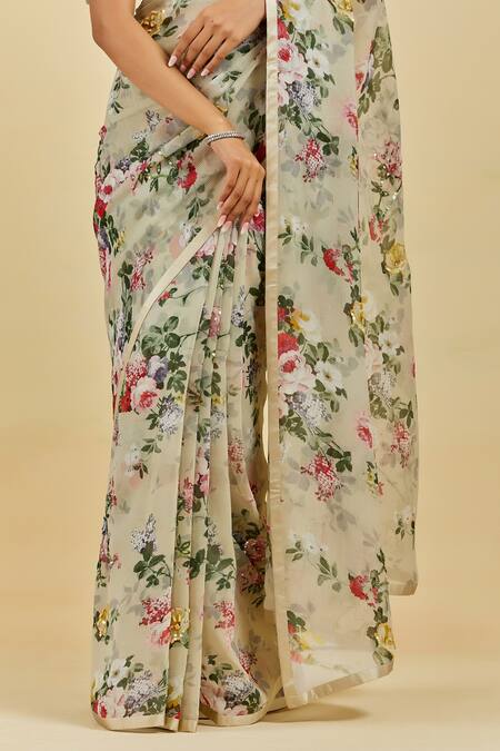 Shop_Atelier Shikaarbagh_Grey Saree - French Chiffon Floral Print, Sequins Annette _Online_at_Aza_Fashions