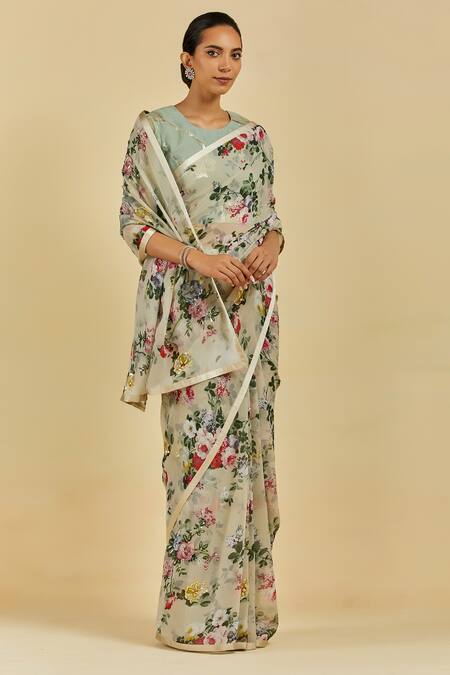 Atelier Shikaarbagh_Grey Saree - French Chiffon Floral Print, Sequins Annette _at_Aza_Fashions