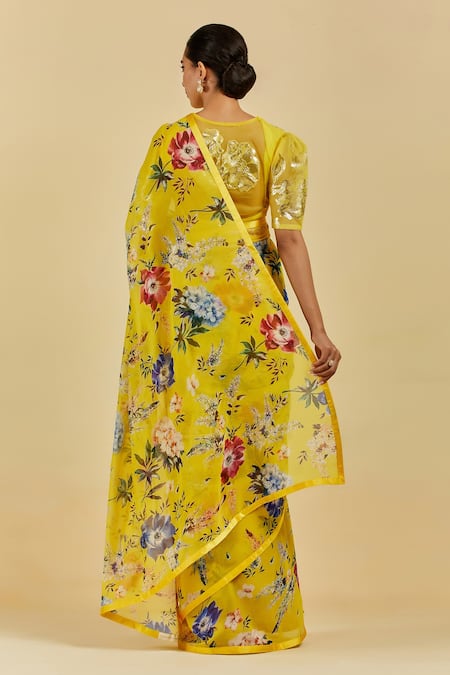 Shop Atelier Shikaarbagh Yellow Saree - French Chiffon Floral Print Claire at Aza Fashions Shop_Atelier Shikaarbagh_Yellow Saree - French Chiffon Floral Print Claire _at_Aza_Fashions