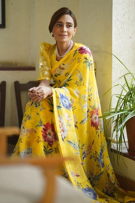 Buy_Atelier Shikaarbagh_Yellow Saree - French Chiffon Floral Print Claire _Online_at_Aza_Fashions