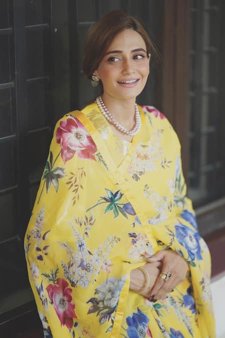 Shop_Atelier Shikaarbagh_Yellow Saree - French Chiffon Floral Print Claire _Online_at_Aza_Fashions