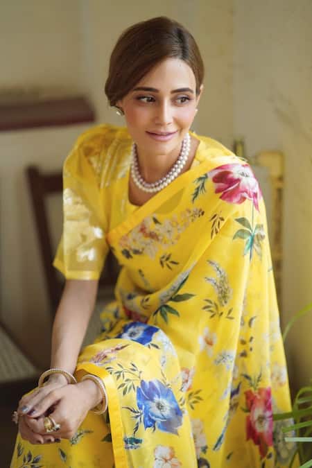 Atelier Shikaarbagh Yellow Saree - French Chiffon Floral Print Claire at Aza Fashions Atelier Shikaarbagh_Yellow Saree - French Chiffon Floral Print Claire _at_Aza_Fashions