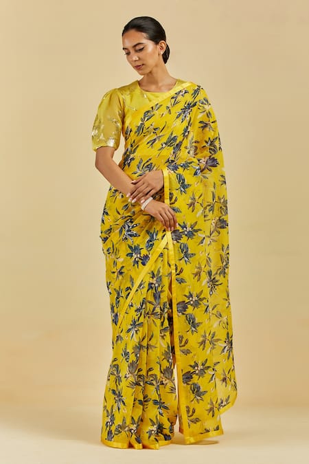 Atelier Shikaarbagh Yellow Saree - French Chiffon Leaf, Sequins Caroline Print 
