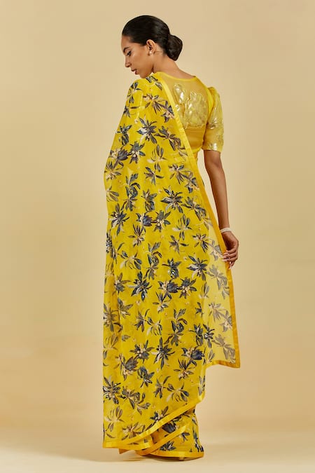 Shop Atelier Shikaarbagh Yellow Saree - French Chiffon Leaf, Sequins Caroline Print at Aza Fashions Shop_Atelier Shikaarbagh_Yellow Saree - French Chiffon Leaf, Sequins Caroline Print _at_Aza_Fashions