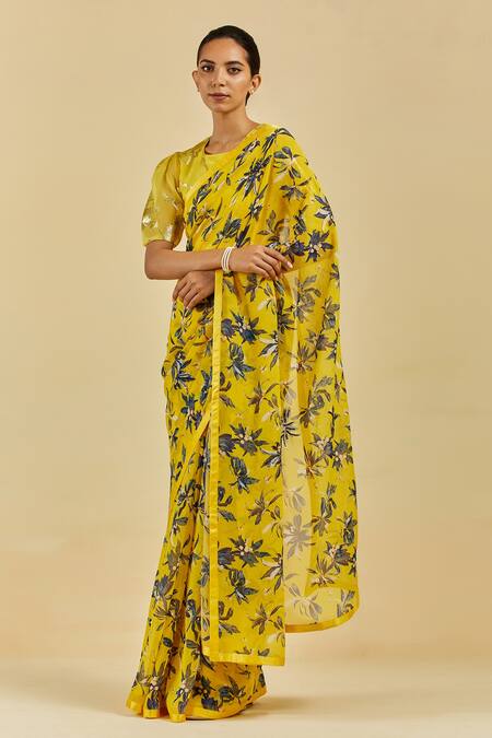 Atelier Shikaarbagh Yellow Saree - French Chiffon Leaf, Sequins Caroline Print Online at Aza Fashions Atelier Shikaarbagh_Yellow Saree - French Chiffon Leaf, Sequins Caroline Print _Online_at_Aza_Fashions