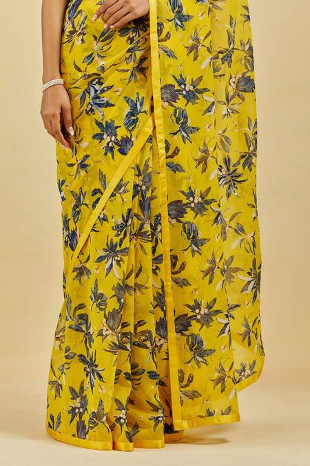 Shop Atelier Shikaarbagh Yellow Saree - French Chiffon Leaf, Sequins Caroline Print Online at Aza Fashions Shop_Atelier Shikaarbagh_Yellow Saree - French Chiffon Leaf, Sequins Caroline Print _Online_at_Aza_Fashions