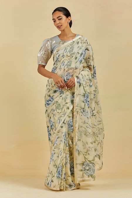 Atelier Shikaarbagh Yellow Saree - French Chiffon Floral Print, Sequins Avril