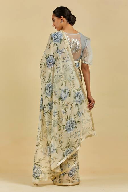 Shop Atelier Shikaarbagh Yellow Saree - French Chiffon Floral Print, Sequins Avril at Aza Fashions Shop_Atelier Shikaarbagh_Yellow Saree - French Chiffon Floral Print, Sequins Avril _at_Aza_Fashions