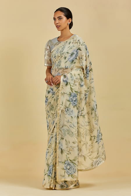 Buy Atelier Shikaarbagh Yellow Saree - French Chiffon Floral Print, Sequins Avril Online at Aza Fashions Buy_Atelier Shikaarbagh_Yellow Saree - French Chiffon Floral Print, Sequins Avril _Online_at_Aza_Fashions